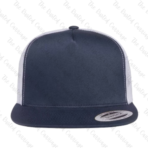 Navy & White Adult Unisex Snap Back Hat - Pick Your Hat Style- Curved or Flat brim, Women's Trucker & General Mascot Design ((Customizable))