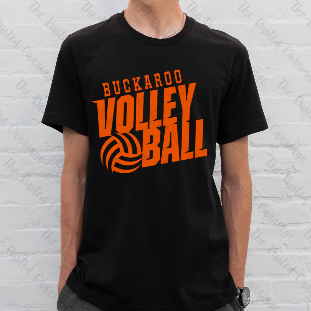 Tilted Volleyball Design Tee in Orange or Black Design ((Customizable))