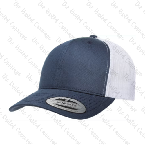 Navy & White Adult Unisex Snap Back Hat - Pick Your Hat Style- Curved or Flat brim, Women's Trucker & General Mascot Design ((Customizable))