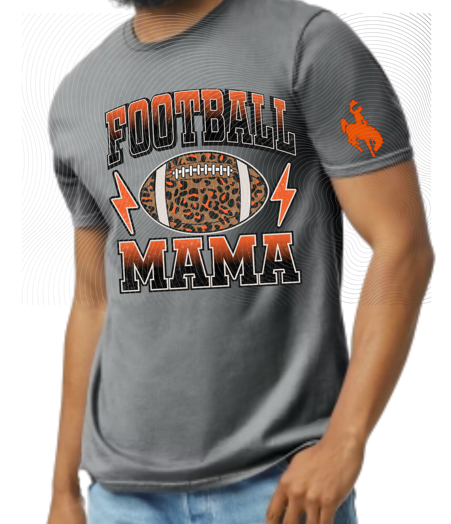 Football Mama Tee with Cheetah Ball and Orange Lightning Strikes ((Customizable))
