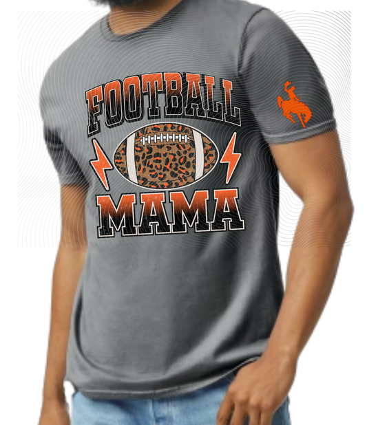 Football Mama Tee with Cheetah Ball and Orange Lightning Strikes ((Customizable))