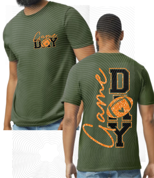 Youth Game Day Tee Orange Glitter/Black Front/Back Design ((Customizable))